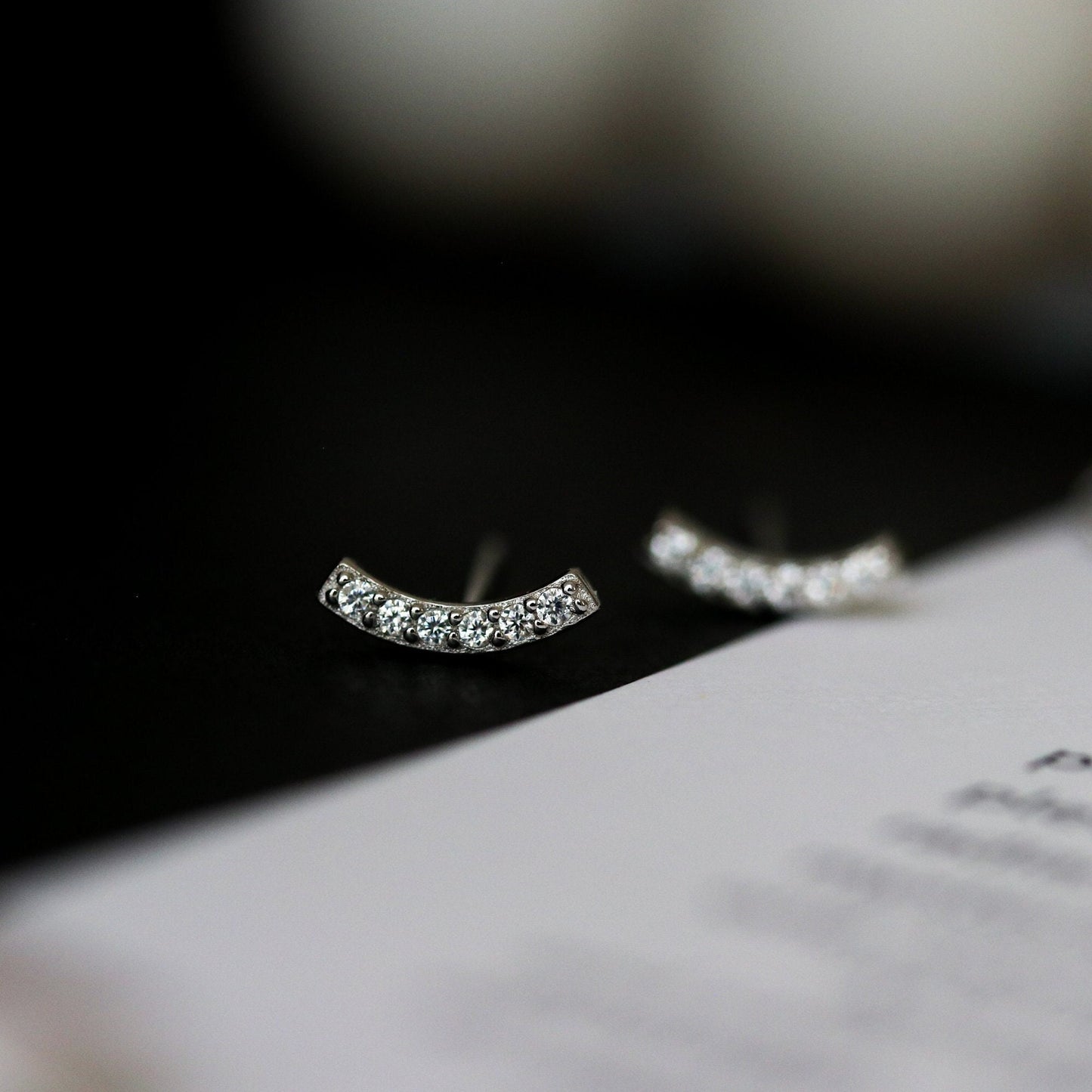 CZ Pave Curved Bar Earrings, Gold Silver Stud Earrings, Tiny Sparkly Diamante Studs, Dainty Minimalistic Womens Jewellery, Gift for Her