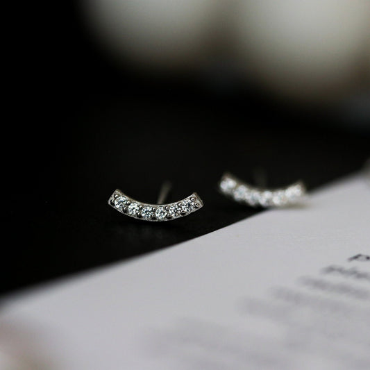 CZ Pave Curved Bar Earrings, Gold Silver Stud Earrings, Tiny Sparkly Diamante Studs, Dainty Minimalistic Womens Jewellery, Gift for Her
