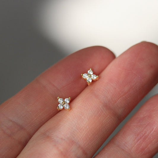 Tiny CZ Pave Earrings, Hydrangea Flower Inspired Studs, Gold and Silver Sparkly Earrings, Dainty Minimalistic Womens Jewellery, Gift for Her