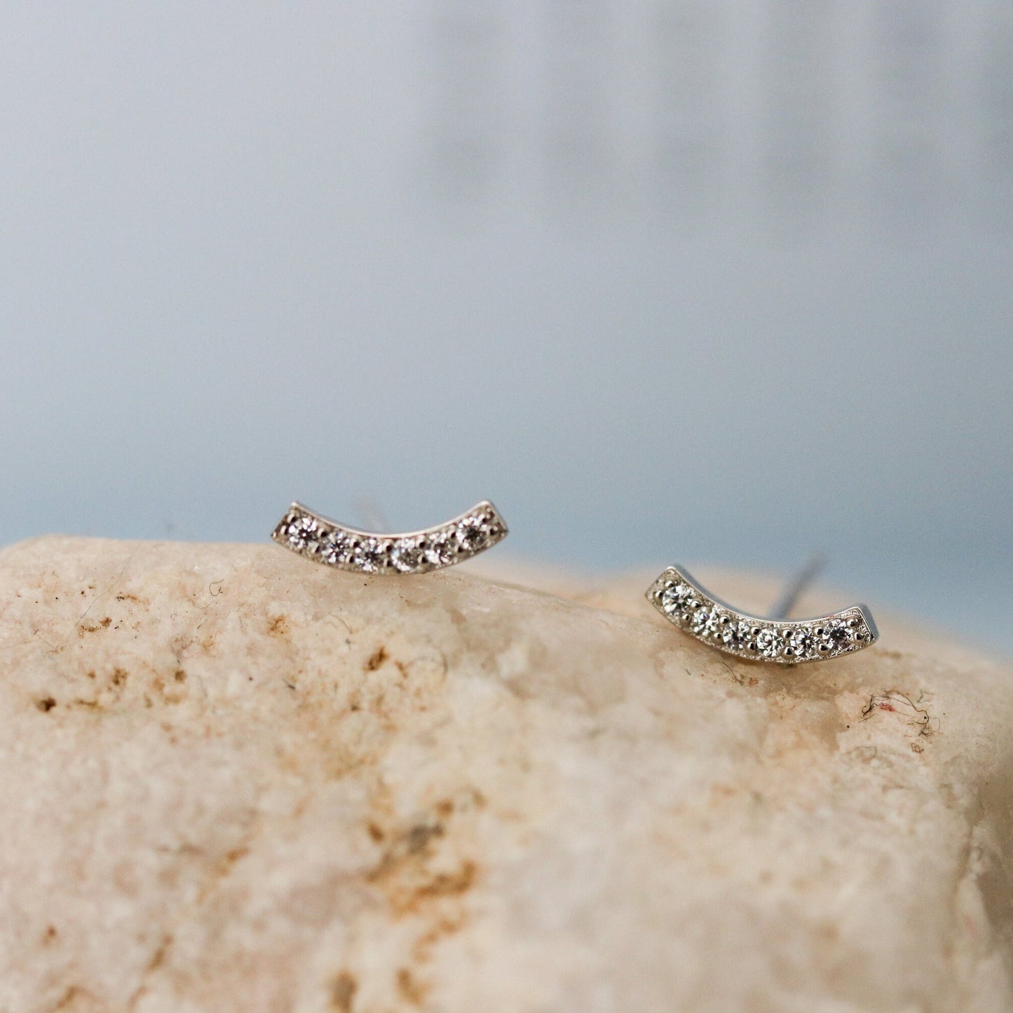CZ Pave Curved Bar Earrings, Gold Silver Stud Earrings, Tiny Sparkly Diamante Studs, Dainty Minimalistic Womens Jewellery, Gift for Her