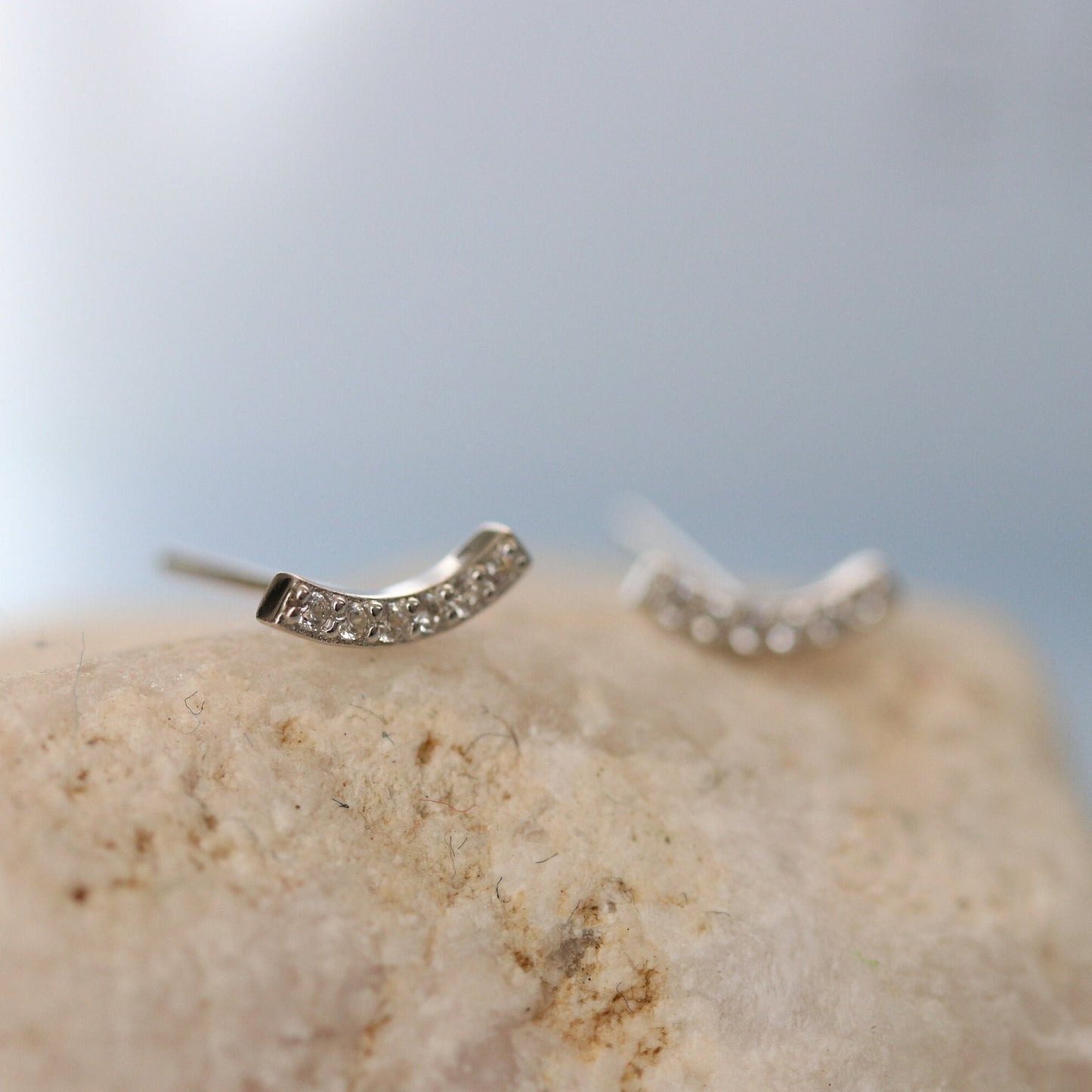 CZ Pave Curved Bar Earrings, Gold Silver Stud Earrings, Tiny Sparkly Diamante Studs, Dainty Minimalistic Womens Jewellery, Gift for Her
