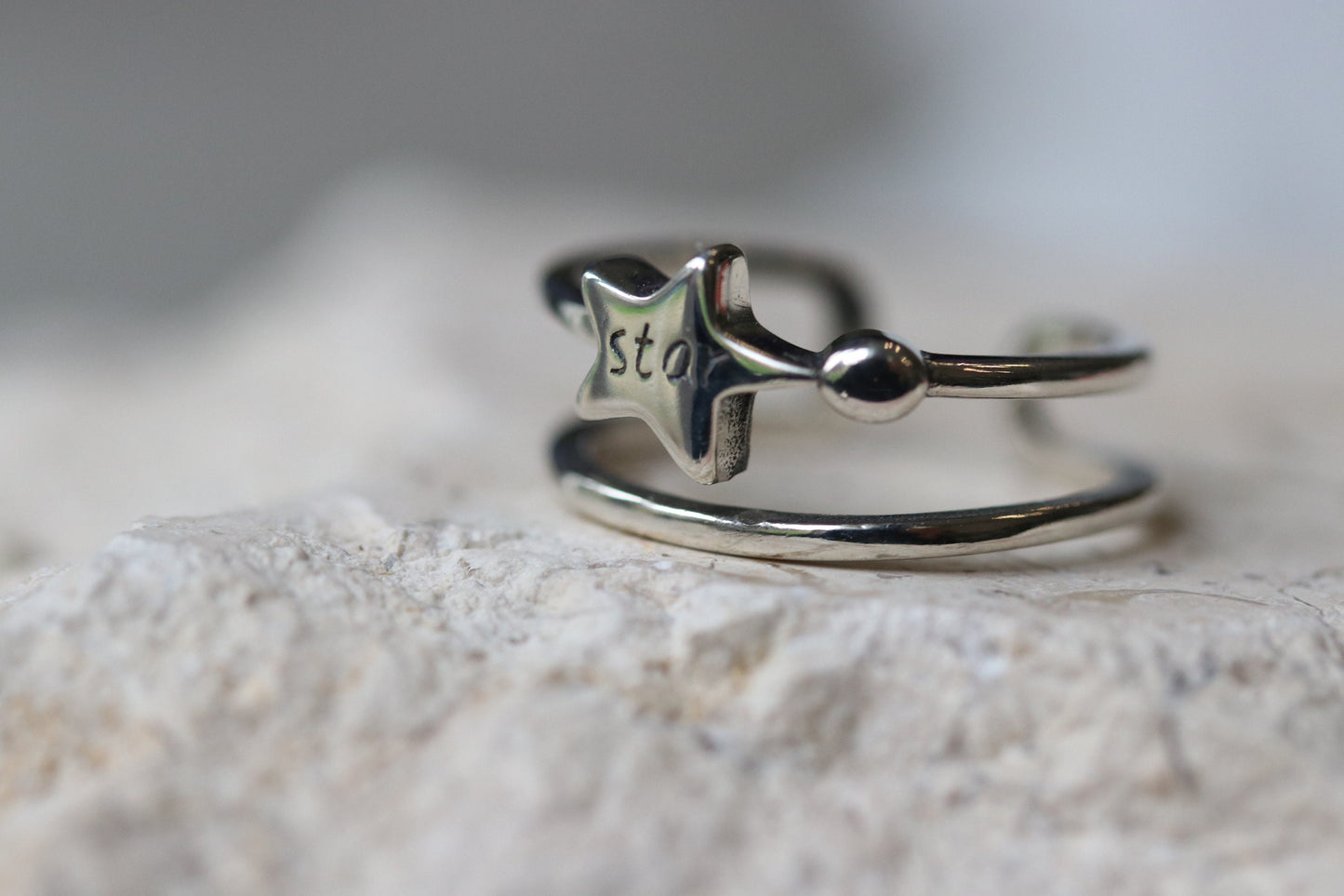 Sterling Silver Star Band Open Ring, Silver Geographic Symbol Ring, Adjustable Star Engraved Ring, Resizable Ring, Jewellery Gift for Her