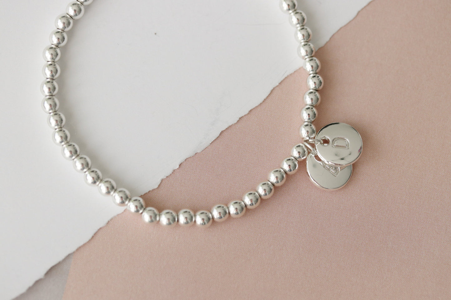 Personalised Initial Silver Bracelet, Sterling Silver Plated Beaded Elastic Birthstone Bracelet, Gift for Mum, Mother's Day Gift for her
