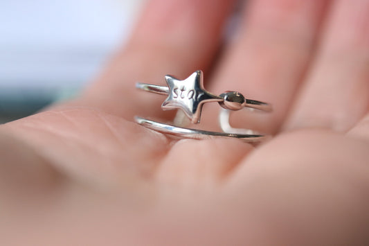 Sterling Silver Star Band Open Ring, Silver Geographic Symbol Ring, Adjustable Star Engraved Ring, Resizable Ring, Jewellery Gift for Her