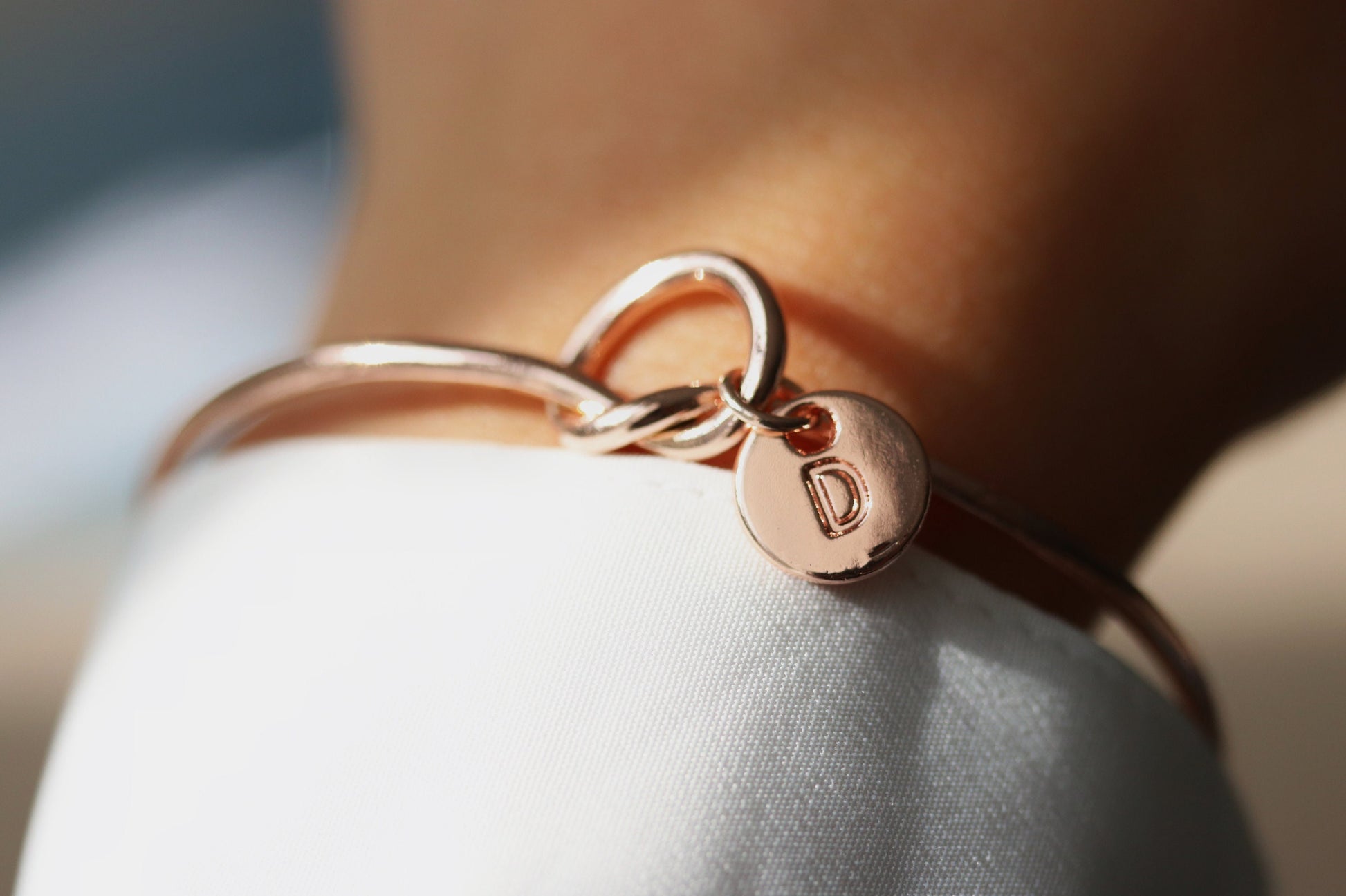 Personalised Silver Friendship Knot Bracelet, Gold Initial Open Bangle, Emerald Crystal, May Birthstone Bracelet, Birthstone Gift for Her