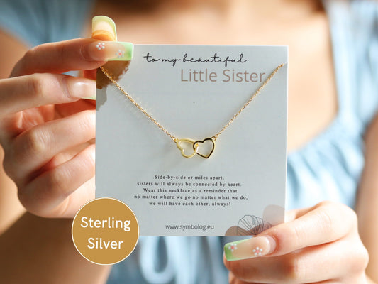 Sterling Silver Little Sister Necklace, Silver Double Circle Sister Necklace, Gold Interlinked Love Heart Necklace, Birthday Gift For Her