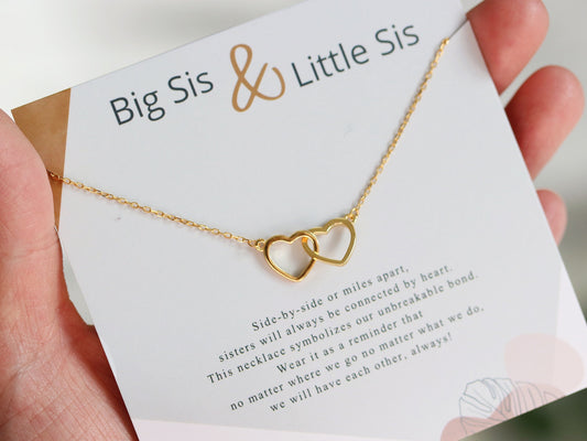 Sterling Silver Big sis & Little sis Necklace, Silver Double Circle Sister Necklace, Gold Interlinked Love Heart Necklace, Birthday Gift