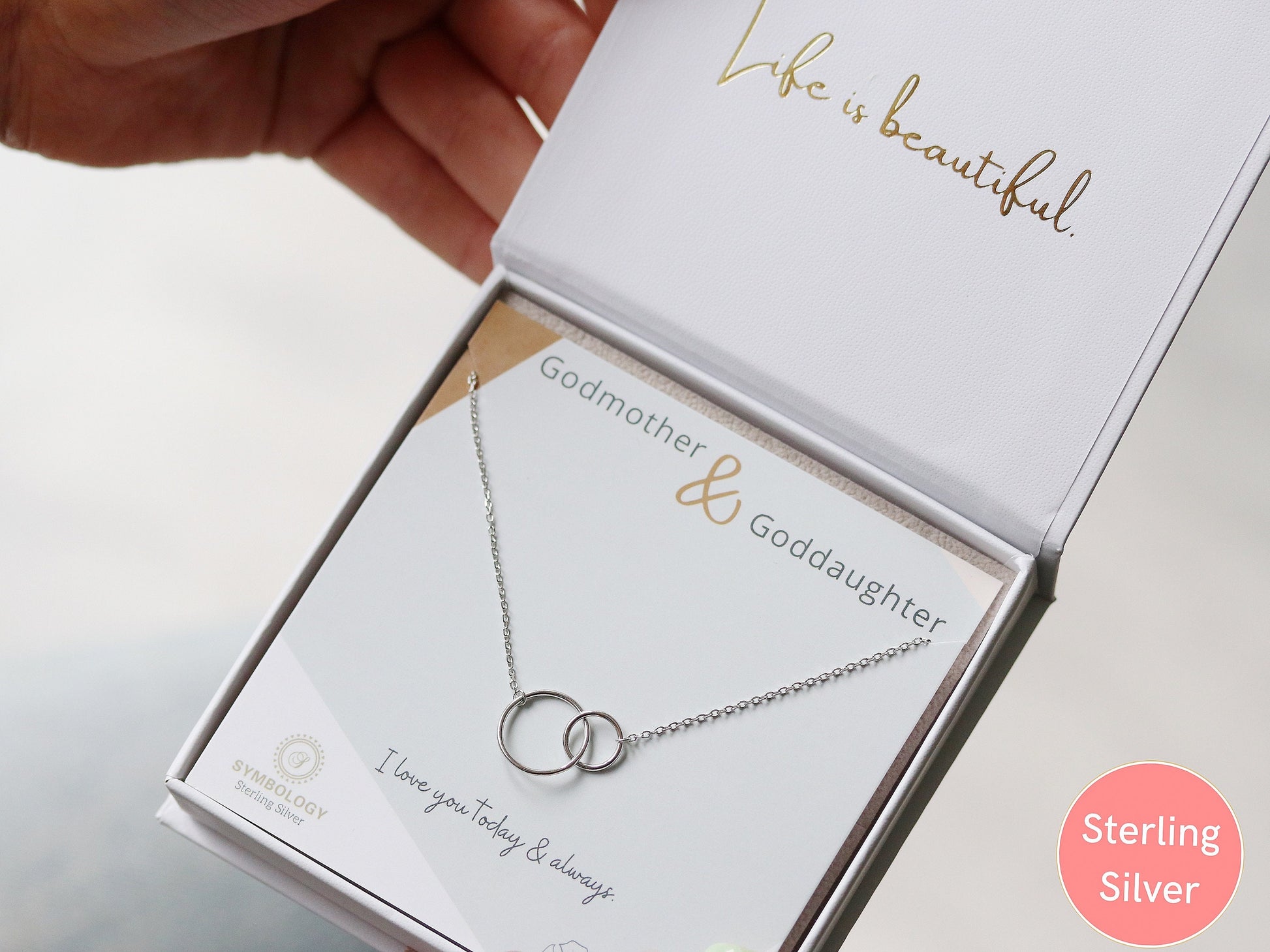 Sterling Godmother & Goddaughter Necklace, Silver Double Circle Necklace, Gold Interlinked Love Heart Necklace, Birthday Gift For Her