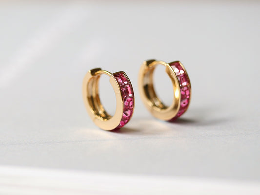 October Birthstone Hoop Earrings ,Rose Quartz Swarovski Crystal Hoops, Gold Huggie hoops, Statement gold Hoops, Christmas Gift for Her/Mum