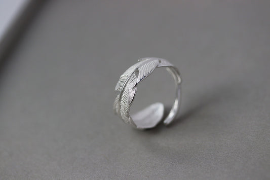 Sterling Silver Feather Open Ring, Silver Adjustable Angel Wing Ring, Chic Stack Thumb Ring, Silver Nature Inspired Gift for Her