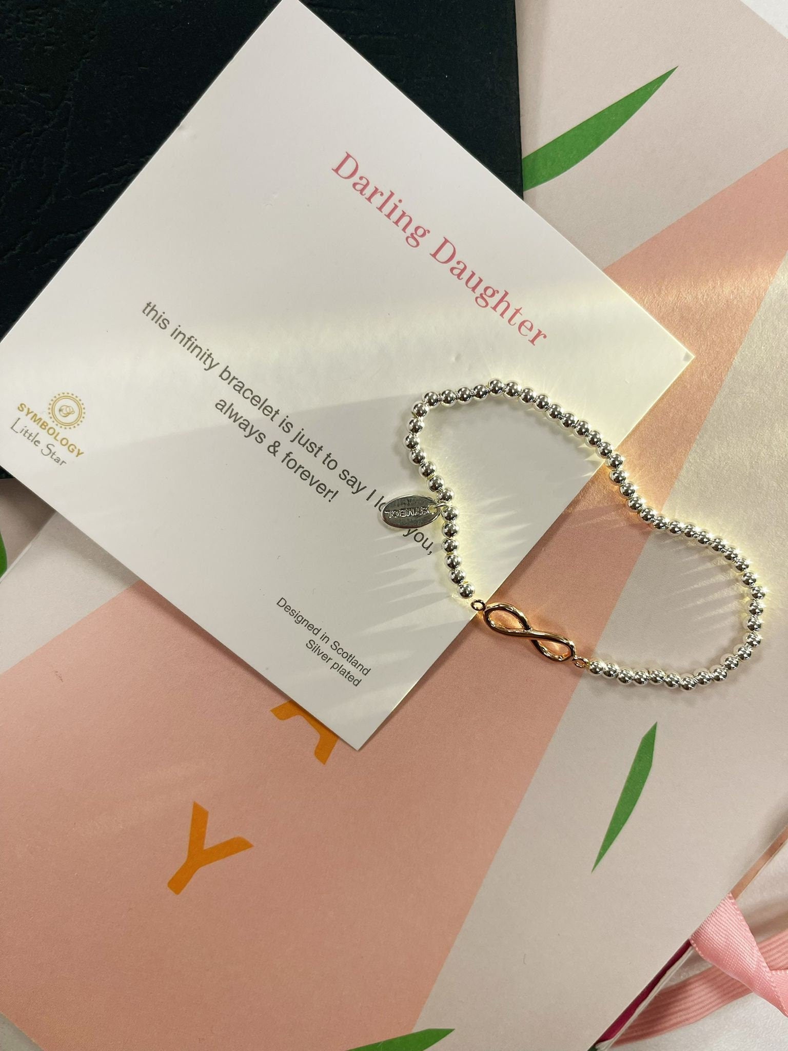 Rose Gold Infinity Charm Bracelet, Darling Daughter Beaded Bracelet, Small Adults Bracelet, Christmas gift for Child, Sentimental Kids Gift