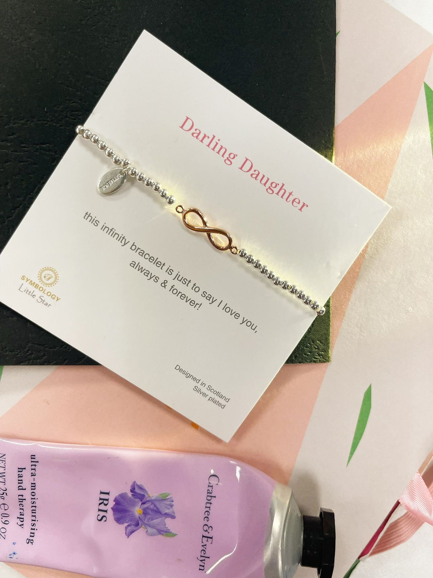 Rose Gold Infinity Charm Bracelet, Darling Daughter Beaded Bracelet, Small Adults Bracelet, Christmas gift for Child, Sentimental Kids Gift