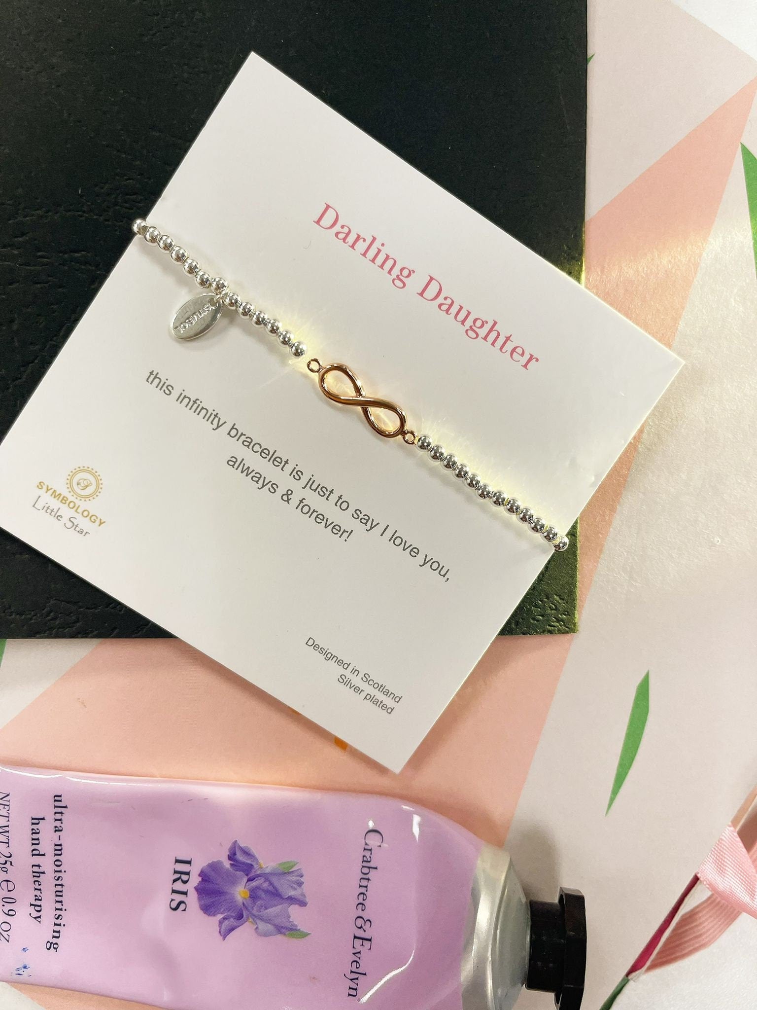 Rose Gold Infinity Charm Bracelet, Darling Daughter Beaded Bracelet, Small Adults Bracelet, Christmas gift for Child, Sentimental Kids Gift