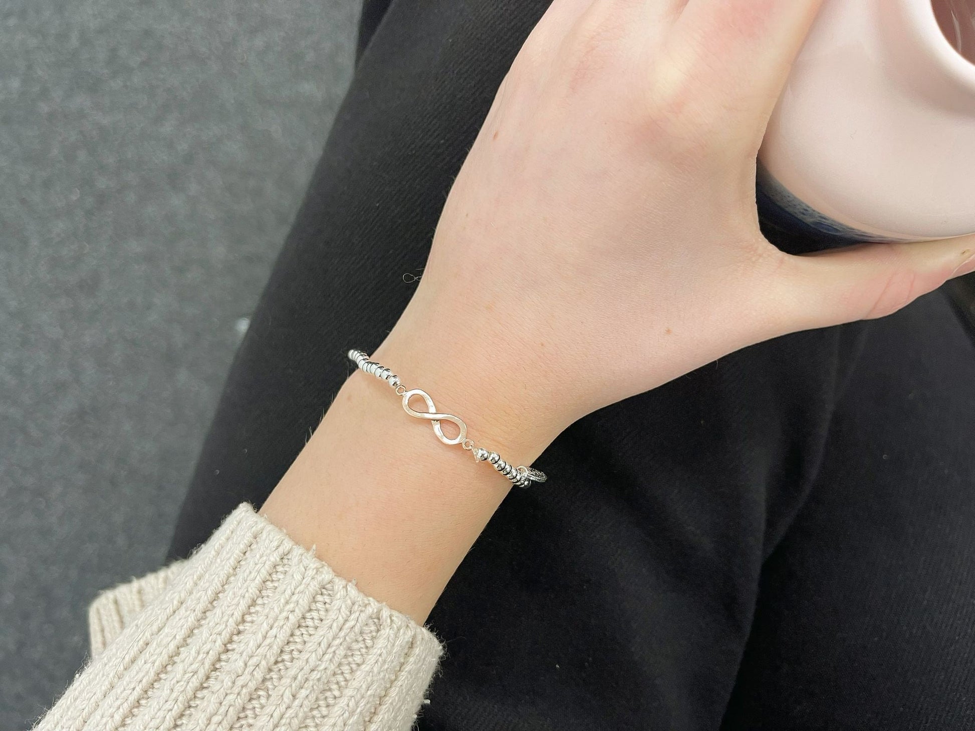 Rose Gold Infinity Charm Bracelet, Darling Daughter Beaded Bracelet, Small Adults Bracelet, Christmas gift for Child, Sentimental Kids Gift