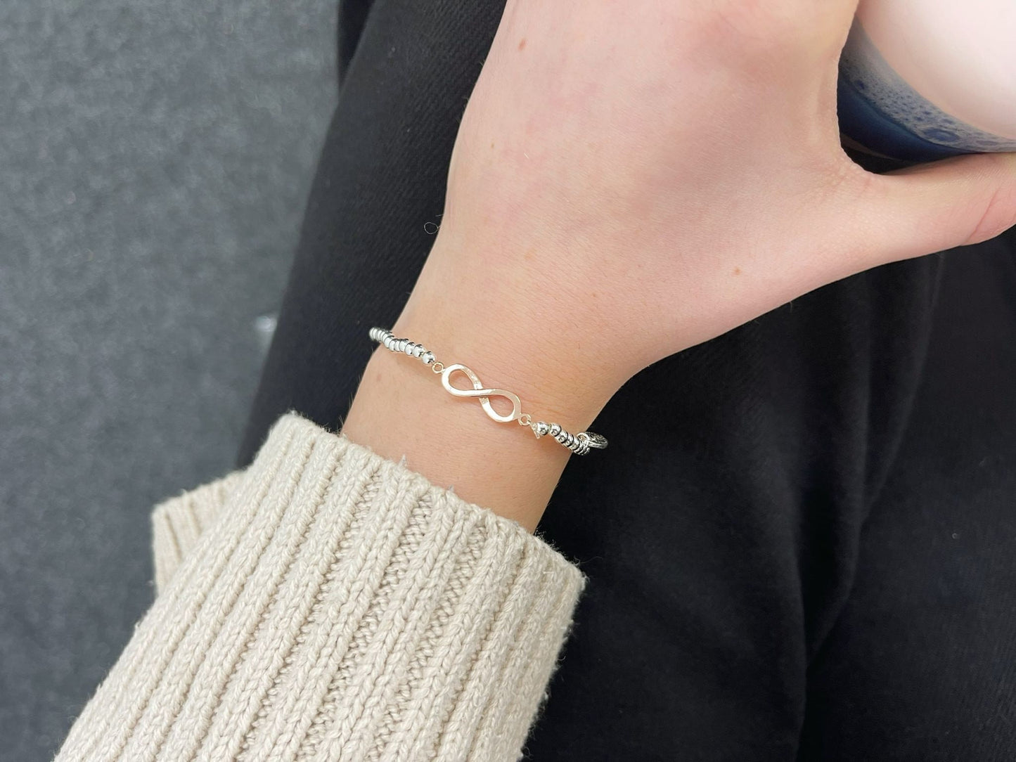 Rose Gold Infinity Charm Bracelet, Darling Daughter Beaded Bracelet, Small Adults Bracelet, Christmas gift for Child, Sentimental Kids Gift