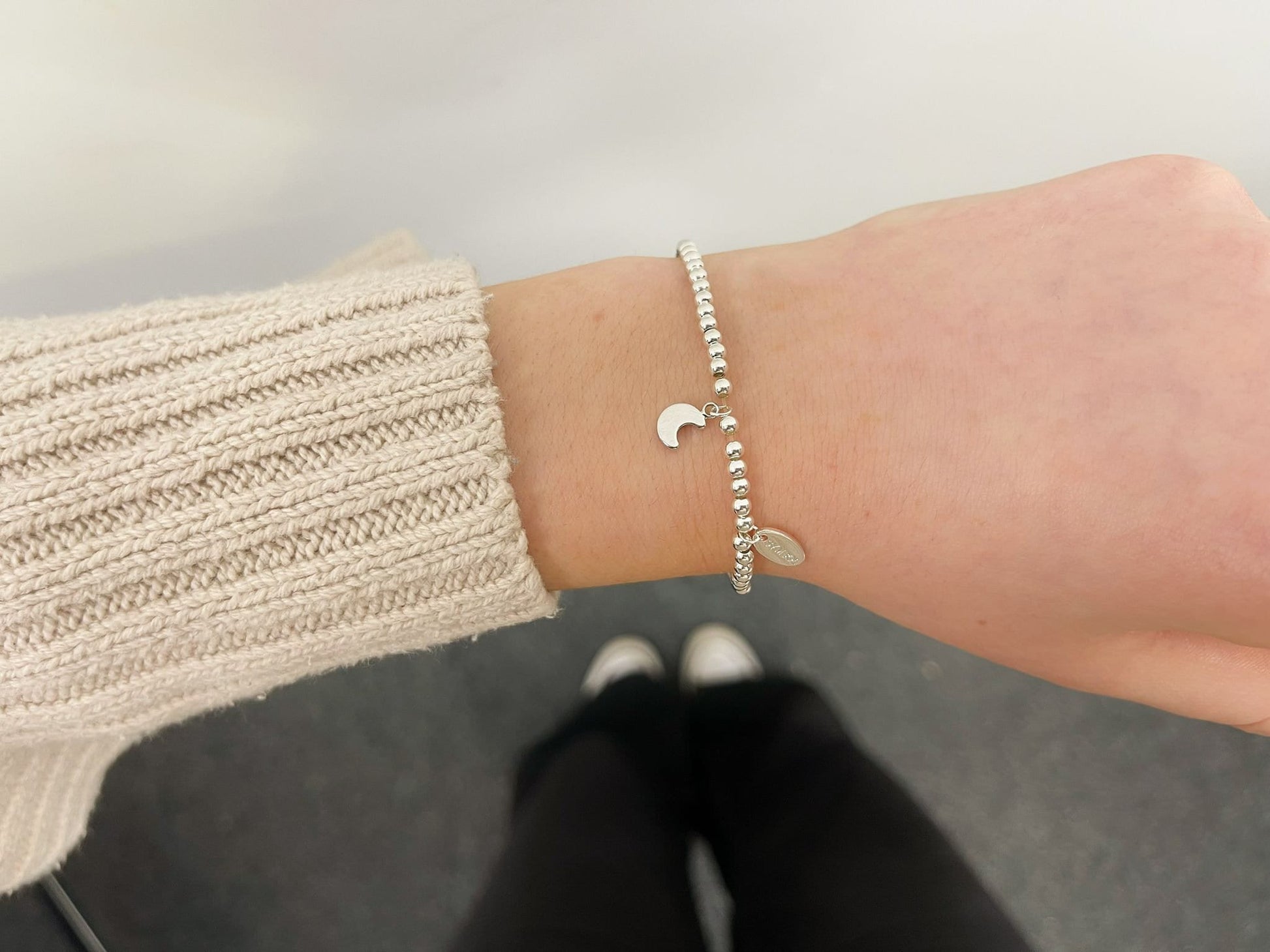 Silver Beads Moon Kids Bracelet, Silver Woman Elastic beaded Bracelet Size S, Christmas Sentimental Kids Gift For Her,Stocking Fillers