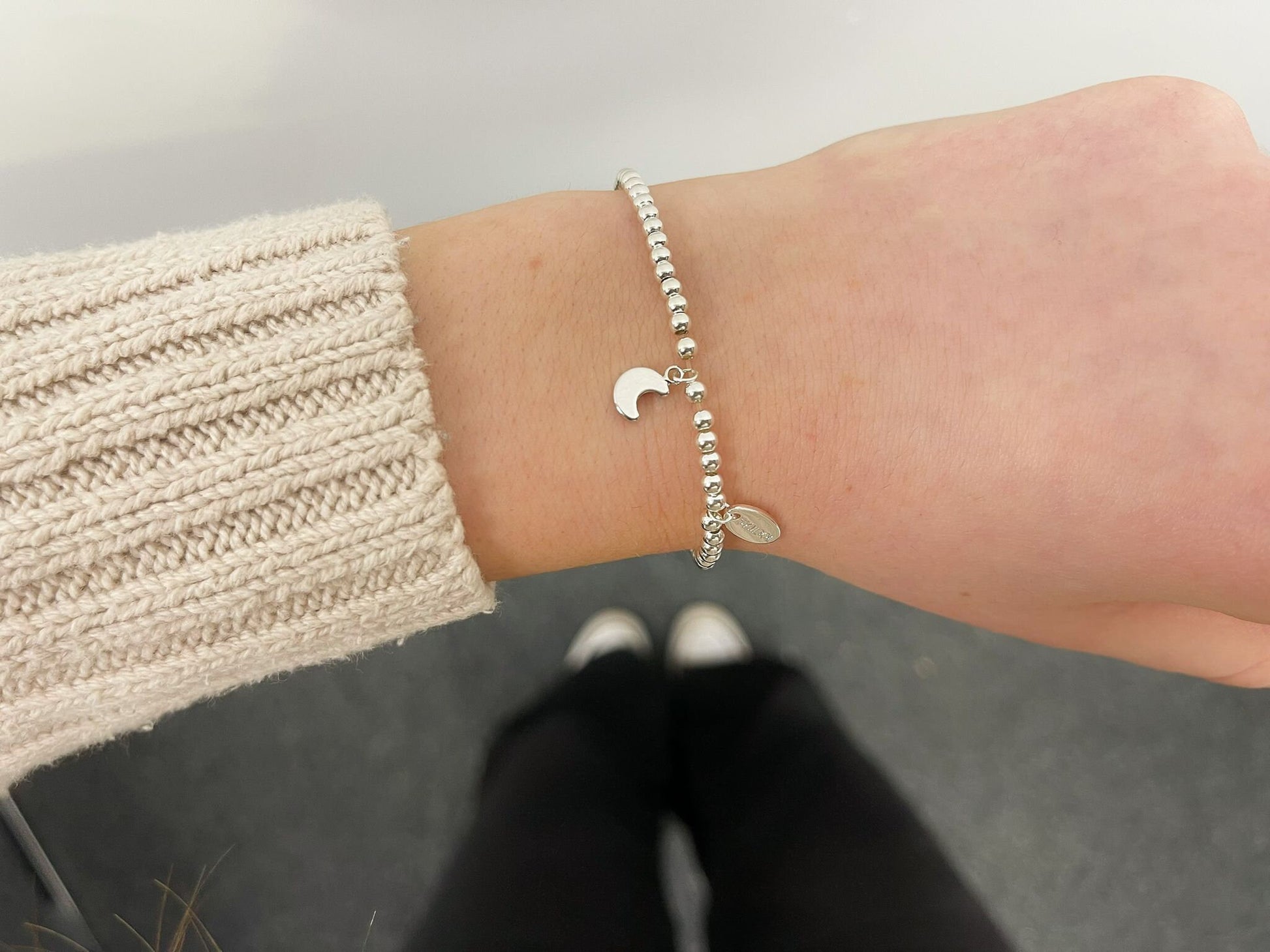 Silver Beads Moon Kids Bracelet, Silver Woman Elastic beaded Bracelet Size S, Christmas Sentimental Kids Gift For Her,Stocking Fillers
