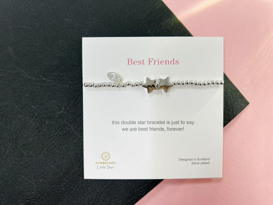 Silver Beads Double Star Kids Bracelet, Silver Woman Elastic beaded Bracelet Size S, Christmas Sentimental Kids Gift For Her,Stocking Filler