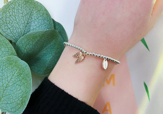 Silver Beads Angel Wings Kids Bracelet, Rose Gold Charm Woman Elastic beaded Bracelet Size S, Christmas Gift For Her,Stocking Fillers