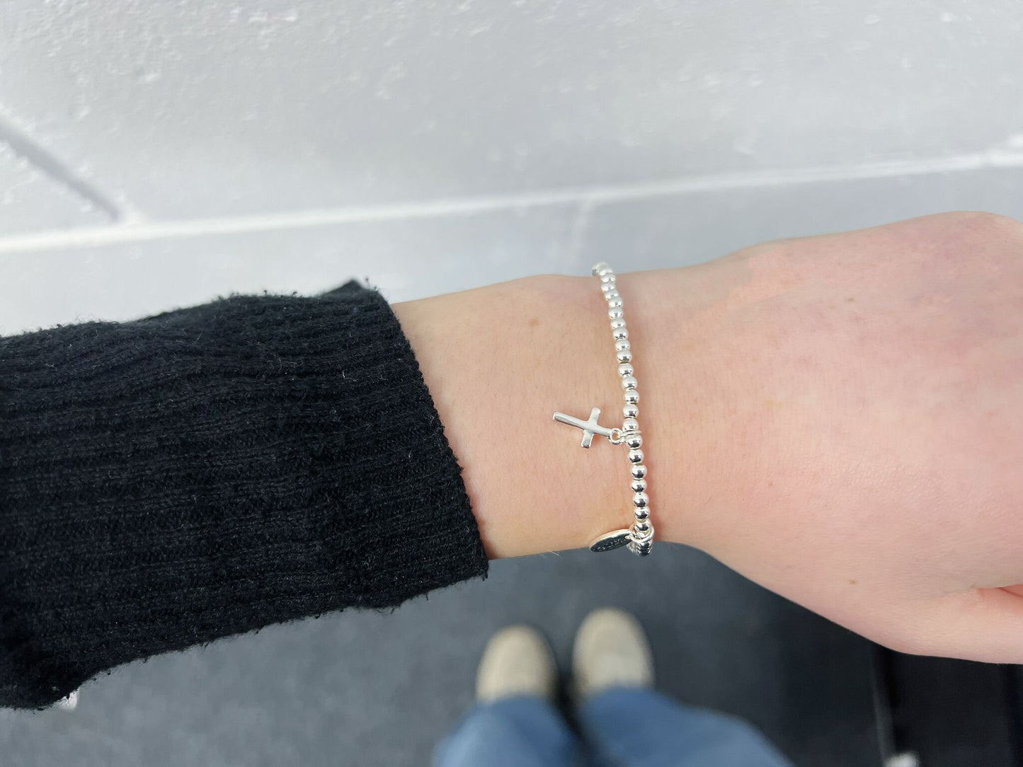 Silver Beads Cross Kids Bracelet, Silver Charm First Communion Elastic beaded Bracelet Size S, Christmas Sentimental Gift For Her,