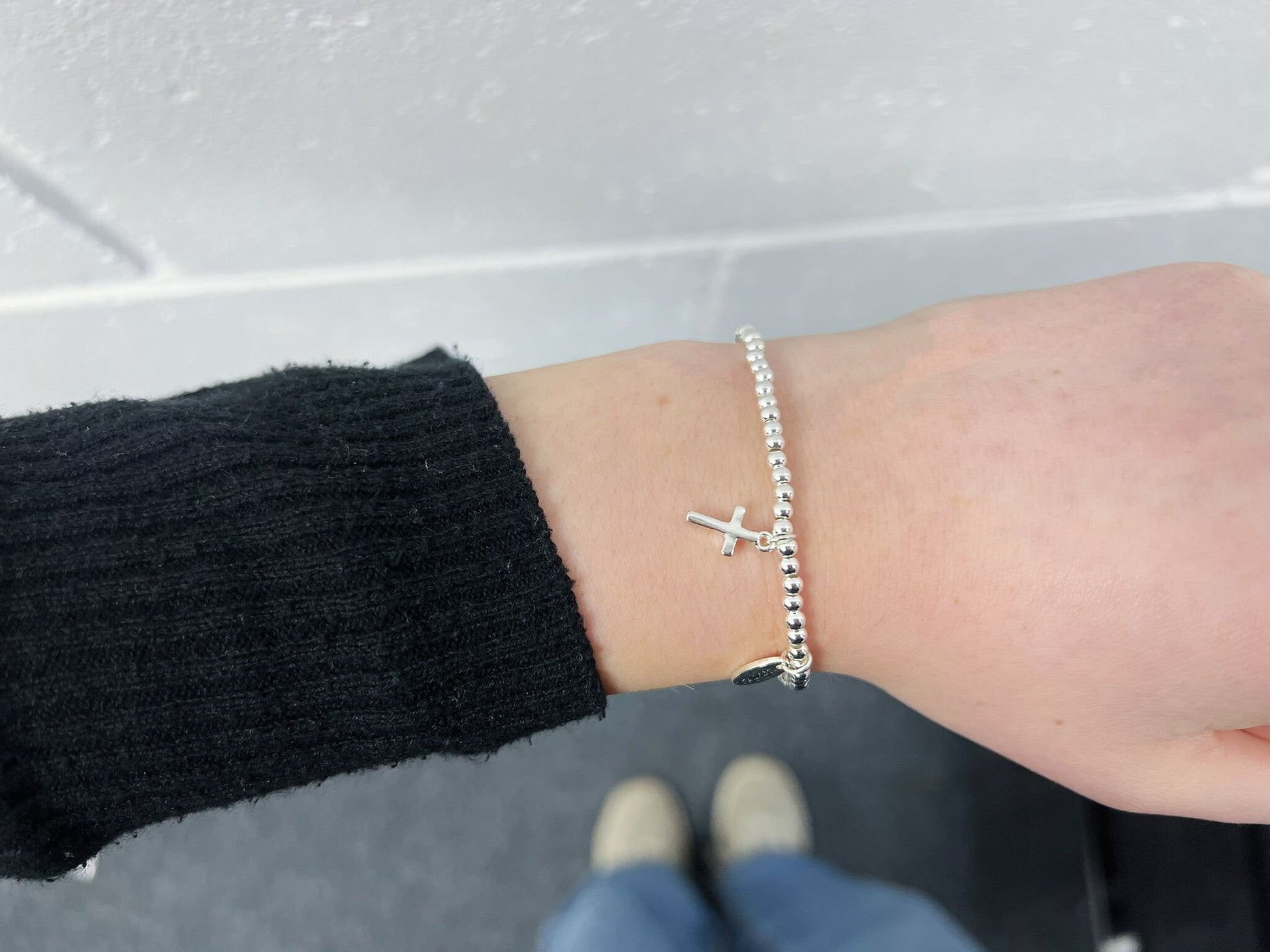 Silver Beads Cross Kids Bracelet, Silver Charm First Communion Elastic beaded Bracelet Size S, Christmas Sentimental Gift For Her,