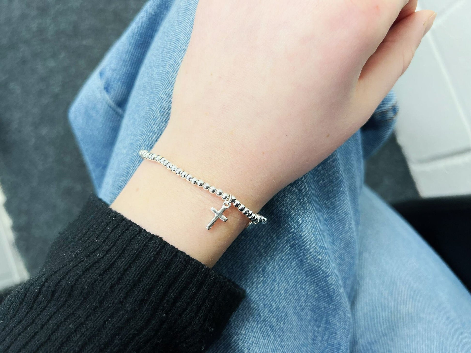 Silver Beads Cross Kids Bracelet, Silver Charm First Communion Elastic beaded Bracelet Size S, Christmas Sentimental Gift For Her,