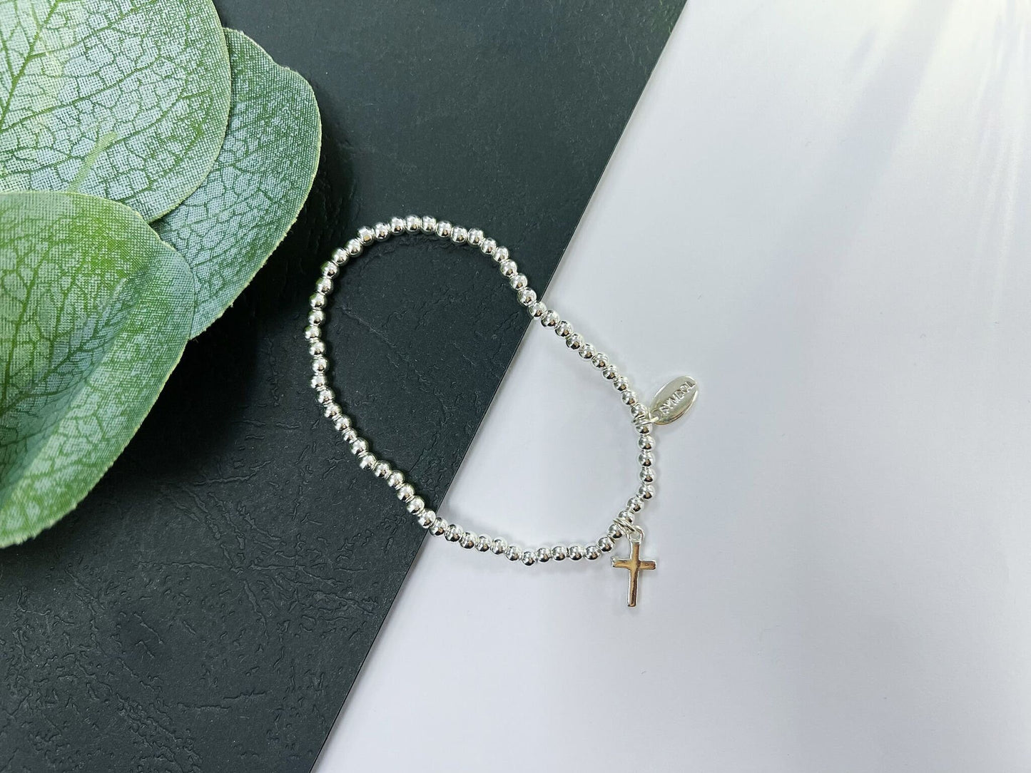 Silver Beads Cross Kids Bracelet, Silver Charm First Communion Elastic beaded Bracelet Size S, Christmas Sentimental Gift For Her,