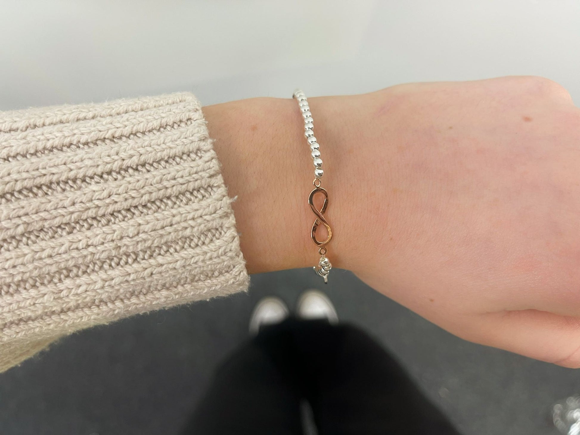 Rose Gold Infinity Charm Bracelet, Darling Daughter Beaded Bracelet, Small Adults Bracelet, Christmas gift for Child, Sentimental Kids Gift