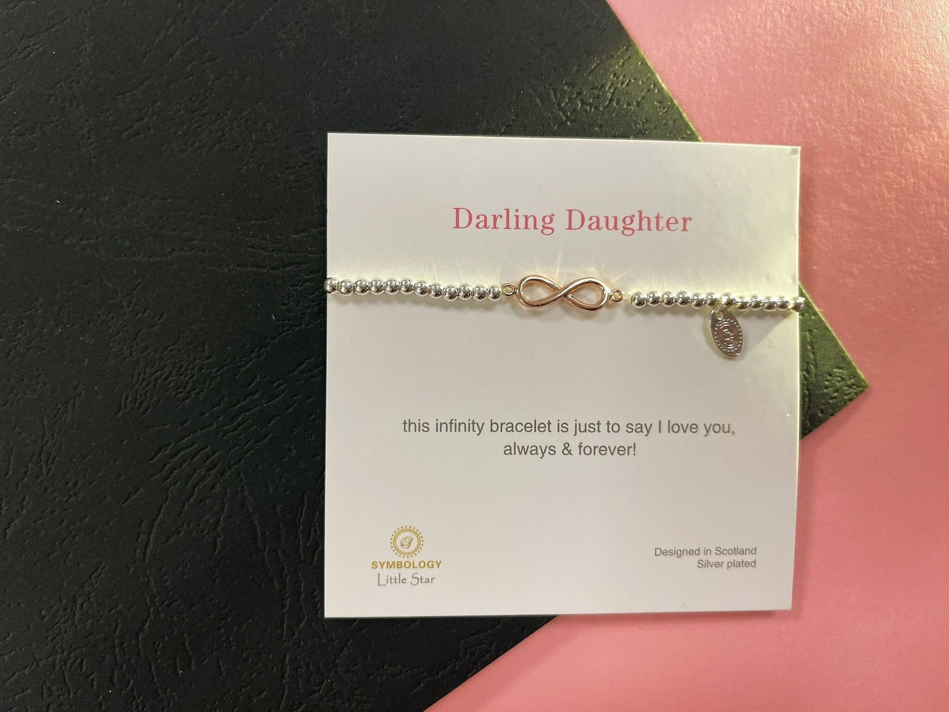 Rose Gold Infinity Charm Bracelet, Darling Daughter Beaded Bracelet, Small Adults Bracelet, Christmas gift for Child, Sentimental Kids Gift
