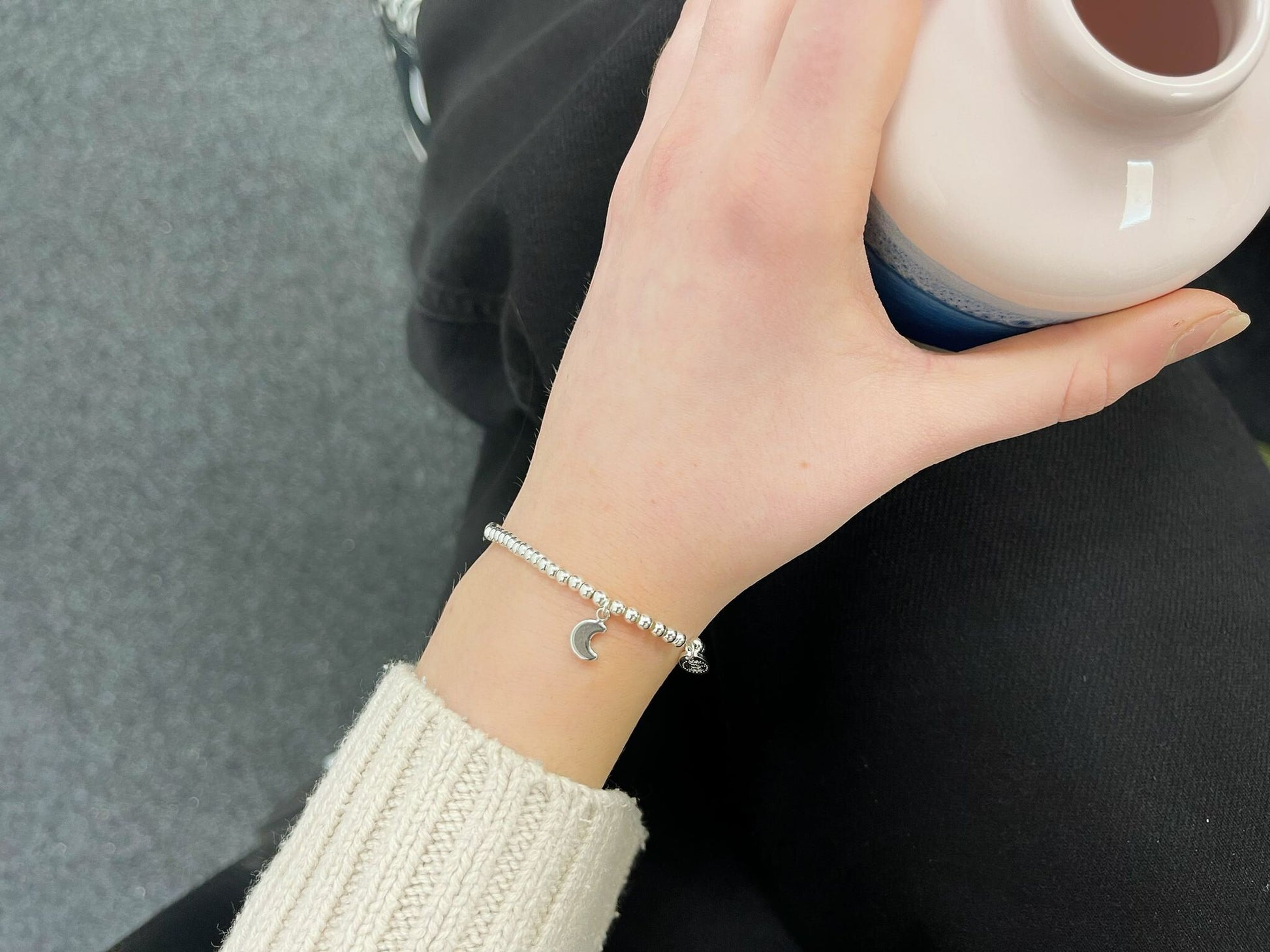 Silver Beads Moon Kids Bracelet, Silver Woman Elastic beaded Bracelet Size S, Christmas Sentimental Kids Gift For Her,Stocking Fillers