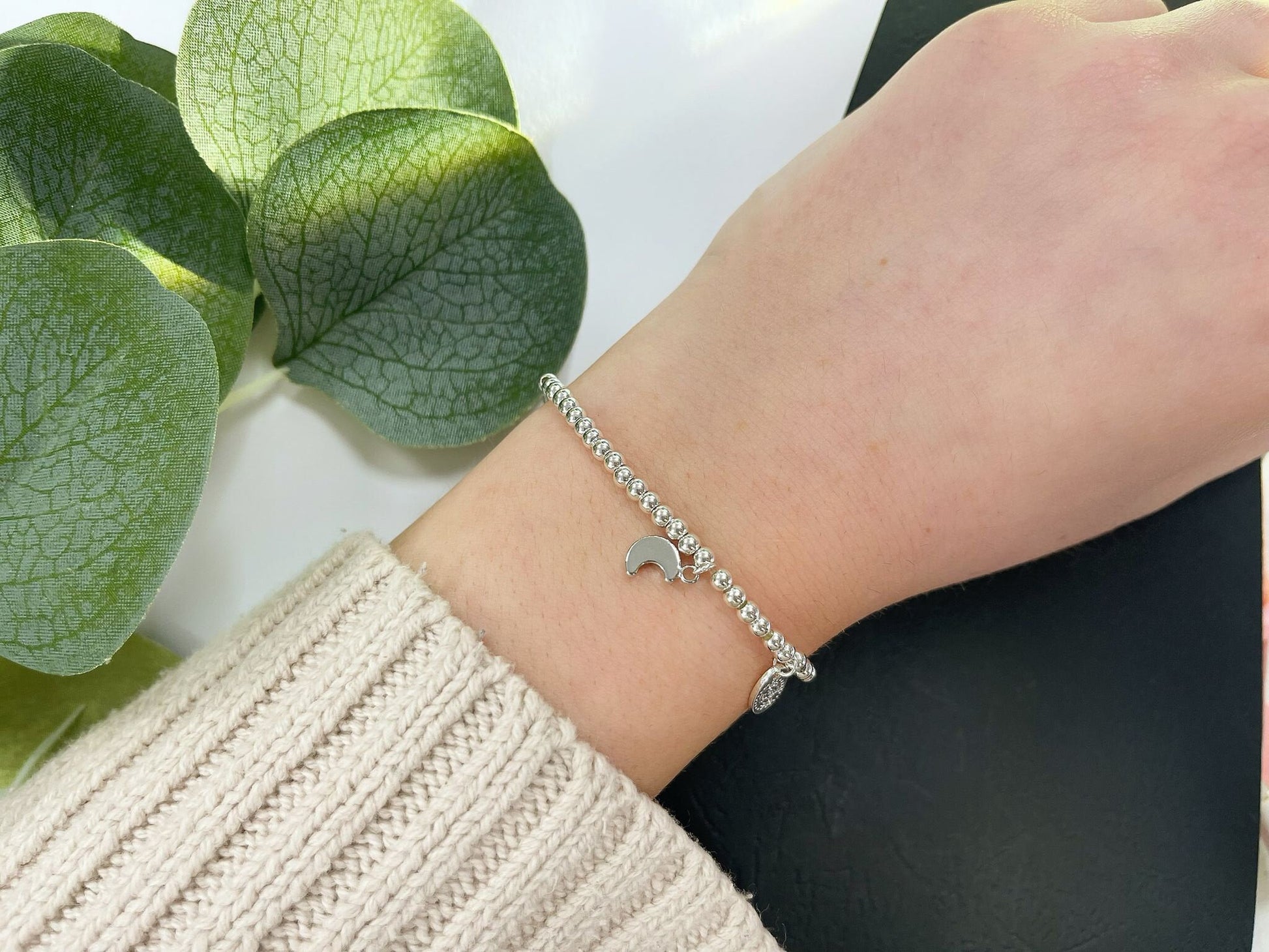 Silver Beads Moon Kids Bracelet, Silver Woman Elastic beaded Bracelet Size S, Christmas Sentimental Kids Gift For Her,Stocking Fillers