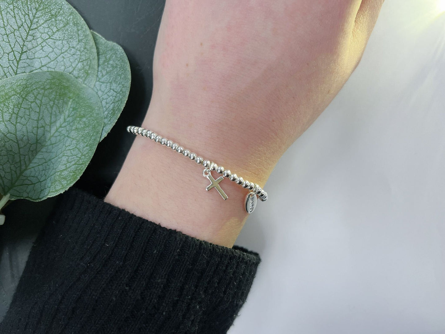 Silver Beads Cross Kids Bracelet, Silver Charm First Communion Elastic beaded Bracelet Size S, Christmas Sentimental Gift For Her,