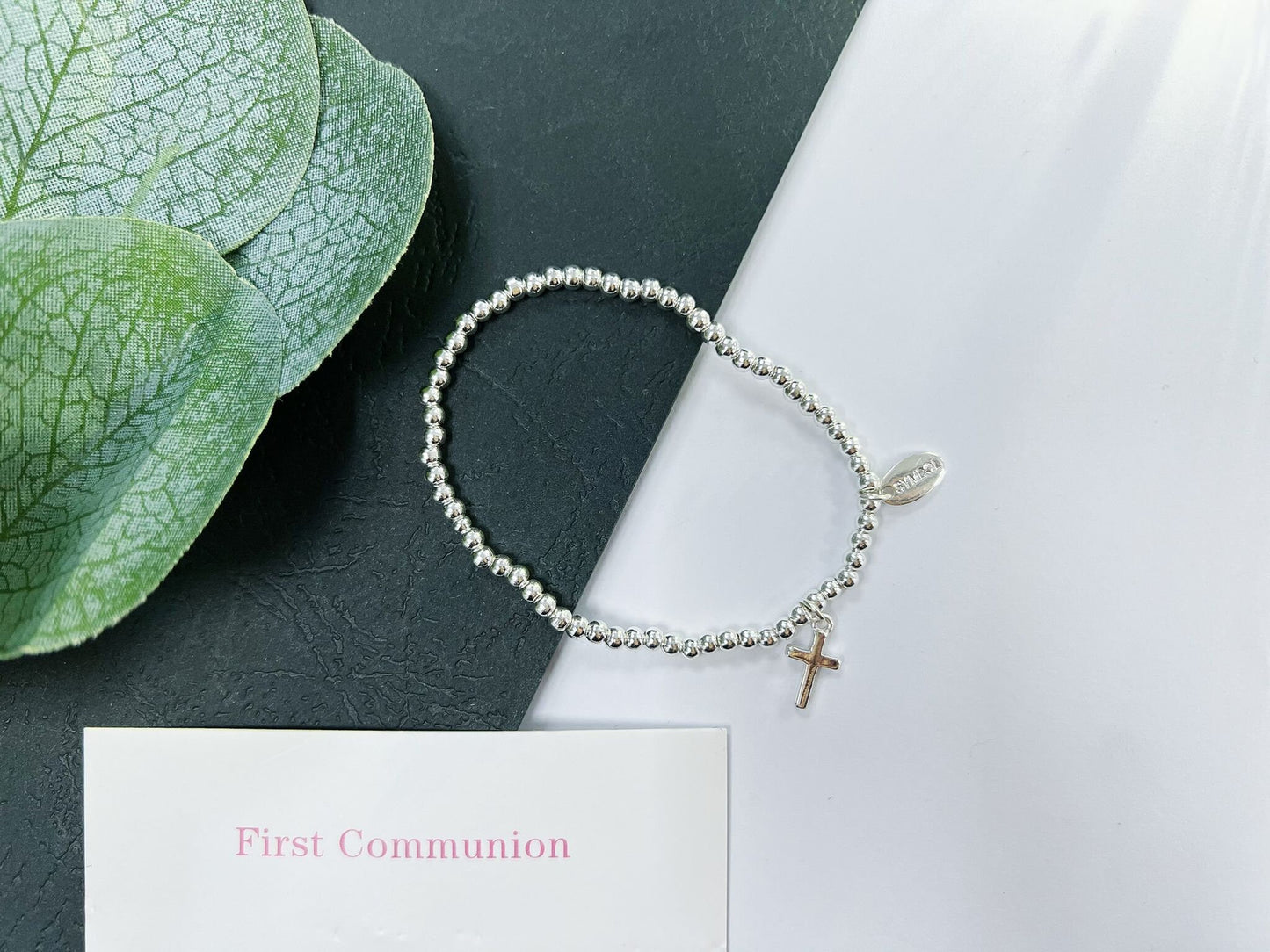 Silver Beads Cross Kids Bracelet, Silver Charm First Communion Elastic beaded Bracelet Size S, Christmas Sentimental Gift For Her,