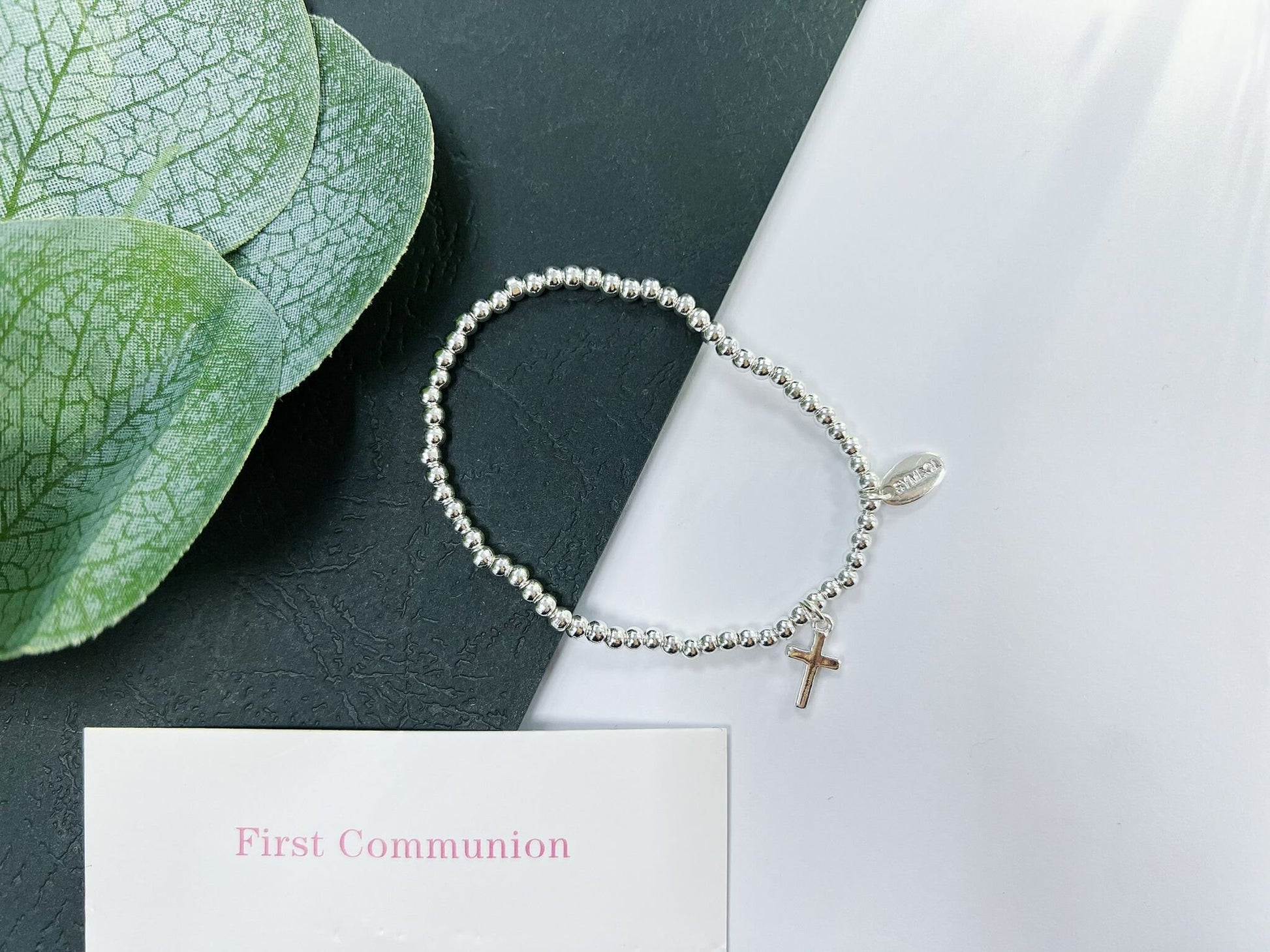 Silver Beads Cross Kids Bracelet, Silver Charm First Communion Elastic beaded Bracelet Size S, Christmas Sentimental Gift For Her,
