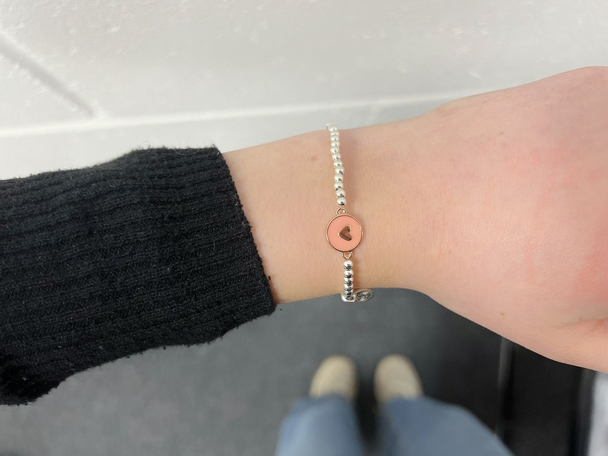 Love Heart Daughter Bracelet, Silver Plated Pink Heart Beads Bracelet, Silver Beaded Elastic Bracelet Small, Kids Birthday Gift for Her