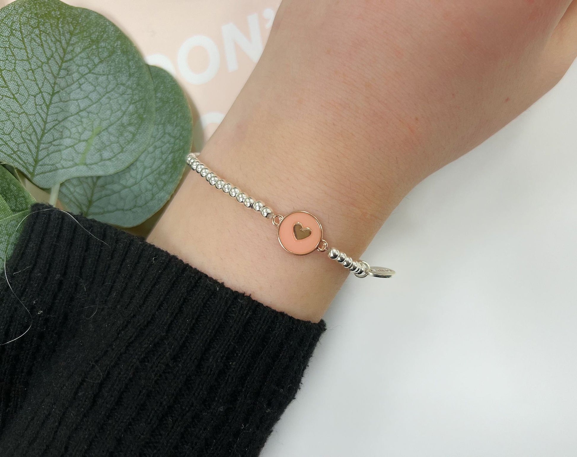 Love Heart Daughter Bracelet, Silver Plated Pink Heart Beads Bracelet, Silver Beaded Elastic Bracelet Small, Kids Birthday Gift for Her