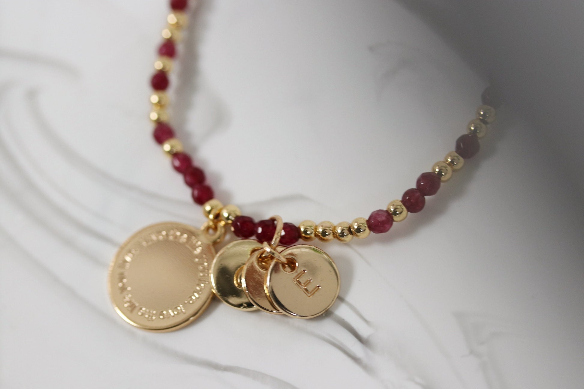 Personalised Granny Gift, Initial Charm Bracelet, Stretch Natural Beads Stackable Bracelets, Nanny Grandma Mother's Day, Family Gift