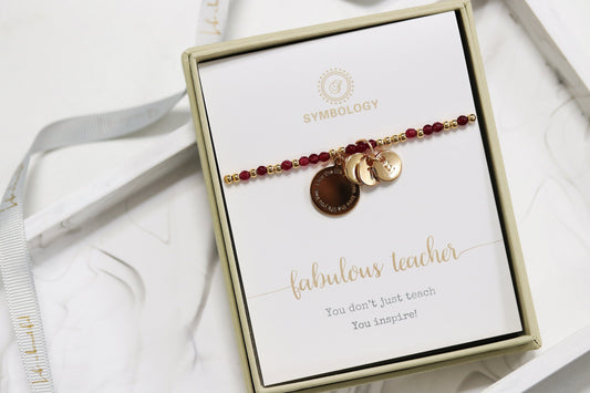 Personalised Teacher Gift, Initial Charm Teacher Thank You Bracelet, Stretch Natural Beads Stackable Dainty Bracelets, Gift for Her