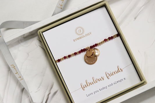 Personalised Initial Ruby Beads Bracelet, Gold Alphabet Disc Bestie Bracelet, Stretch Ruby Beads Bracelet, Bridesmaid Birthday Gift for Her