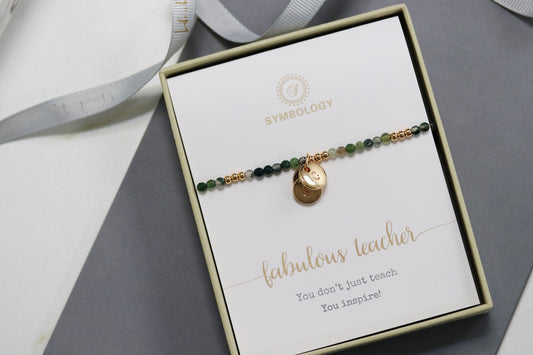 Personalised Teacher Gift, Initial Charm Bracelet, Stretch Natural Beads Bracelet, Stackable Dainty Bracelets, May Birthday Gift for Her