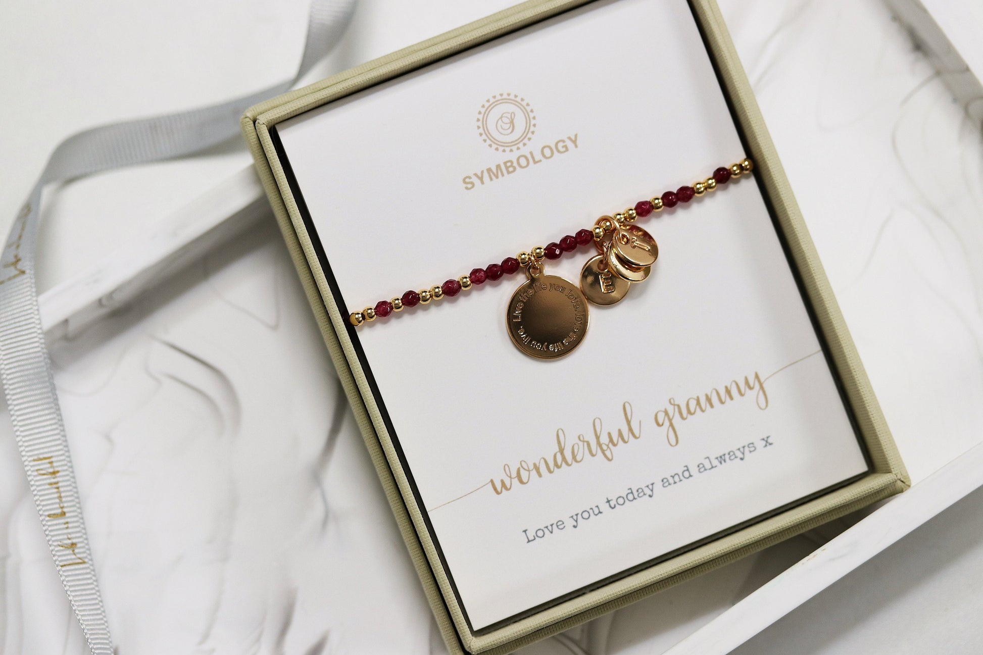 Personalised Granny Gift, Initial Charm Bracelet, Stretch Natural Beads Stackable Bracelets, Nanny Grandma Mother's Day, Family Gift