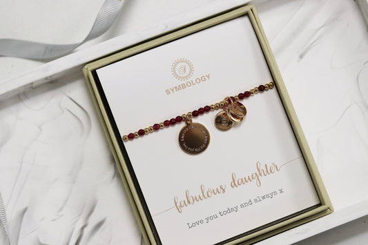 Personalised Daughter Bracelet, Ruby Beads Initial Charm Bracelet, Stretch Natural Gold Beaded Bracelets, Daughter Birthday Gift for Her