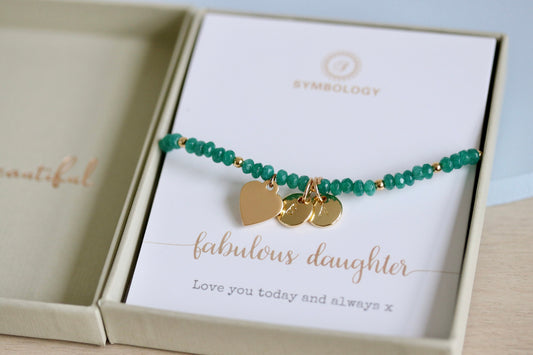 Personalised Daughter Bracelet, Initial Charm Bracelet, Gold Emerald Beads Bangle, Stackable Gemstone Bracelet, May Birthday Gift for Her