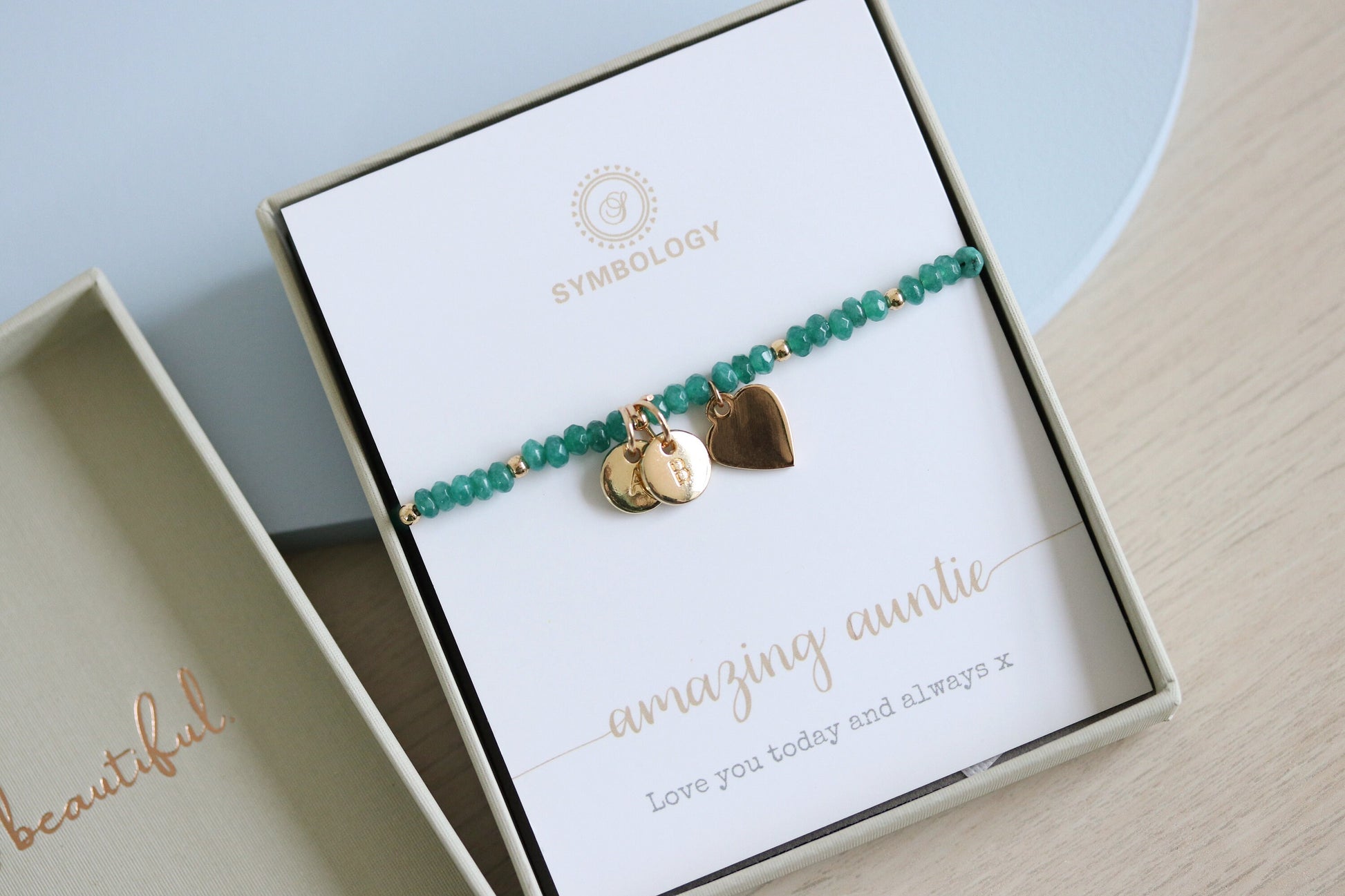 Personalised Auntie Heart Bracelet, Initial Charm Bracelet, Gold Emerald Beads Bangle, Stackable Gemstone Bracelet, Auntie May Birthday Gift