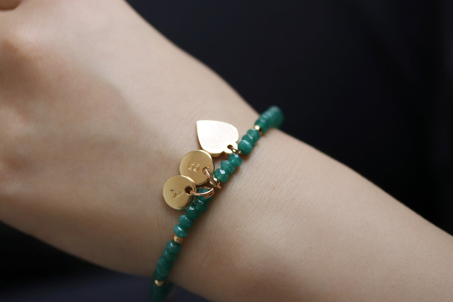 Personalised Sister Initial Bracelet, Alphabet Jewellery, Gold Emerald Beads Charm Bangle, Stackable Semi-Precious Bracelet, Sister Birthday