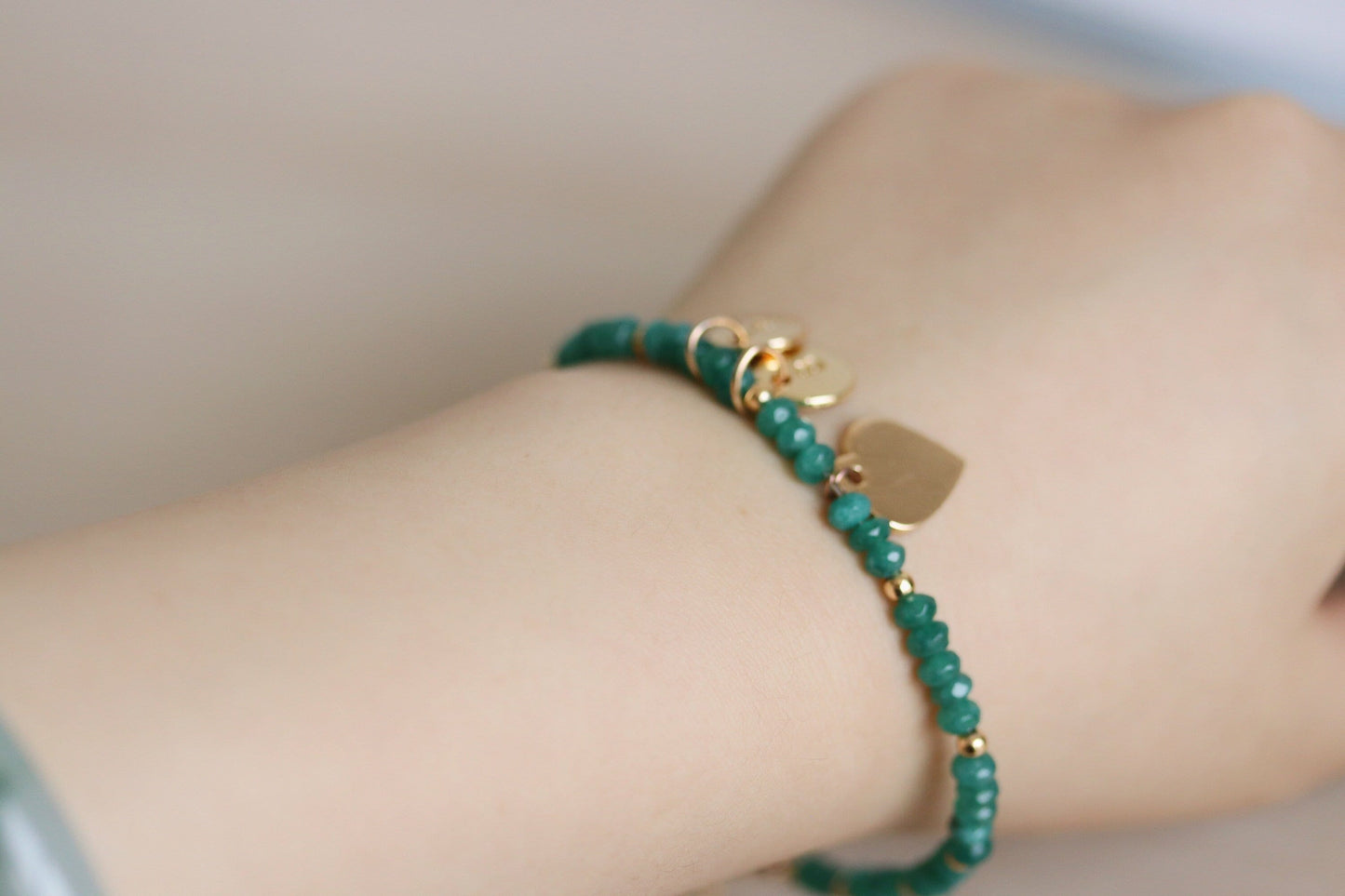 Personalised Sister Initial Bracelet, Alphabet Jewellery, Gold Emerald Beads Charm Bangle, Stackable Semi-Precious Bracelet, Sister Birthday