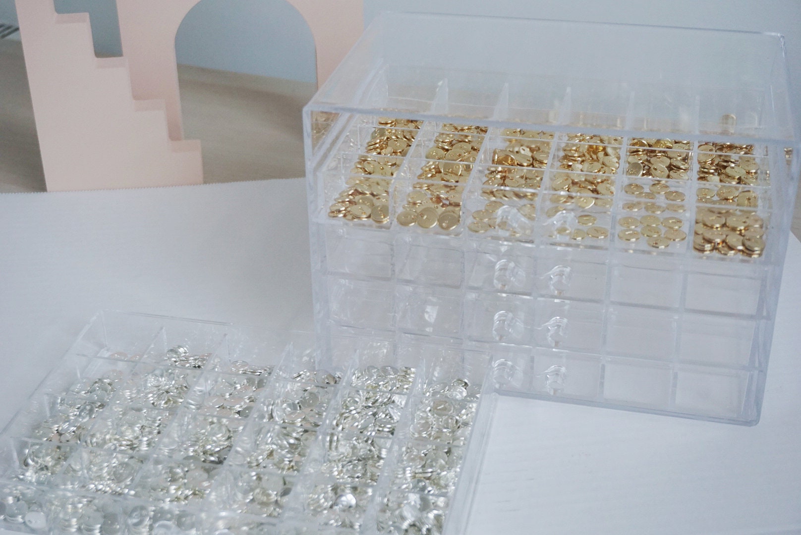 5 Layers Clear Acrylic Organiser Box with 120 Sections Compartments, Five Drawers Tray, Handmade Parts Organiser, Jewellery Party StorageBox