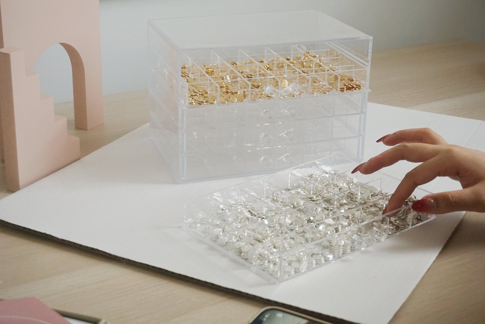 5 Layers Clear Acrylic Organiser Box with 120 Sections Compartments, Five Drawers Tray, Handmade Parts Organiser, Jewellery Party StorageBox