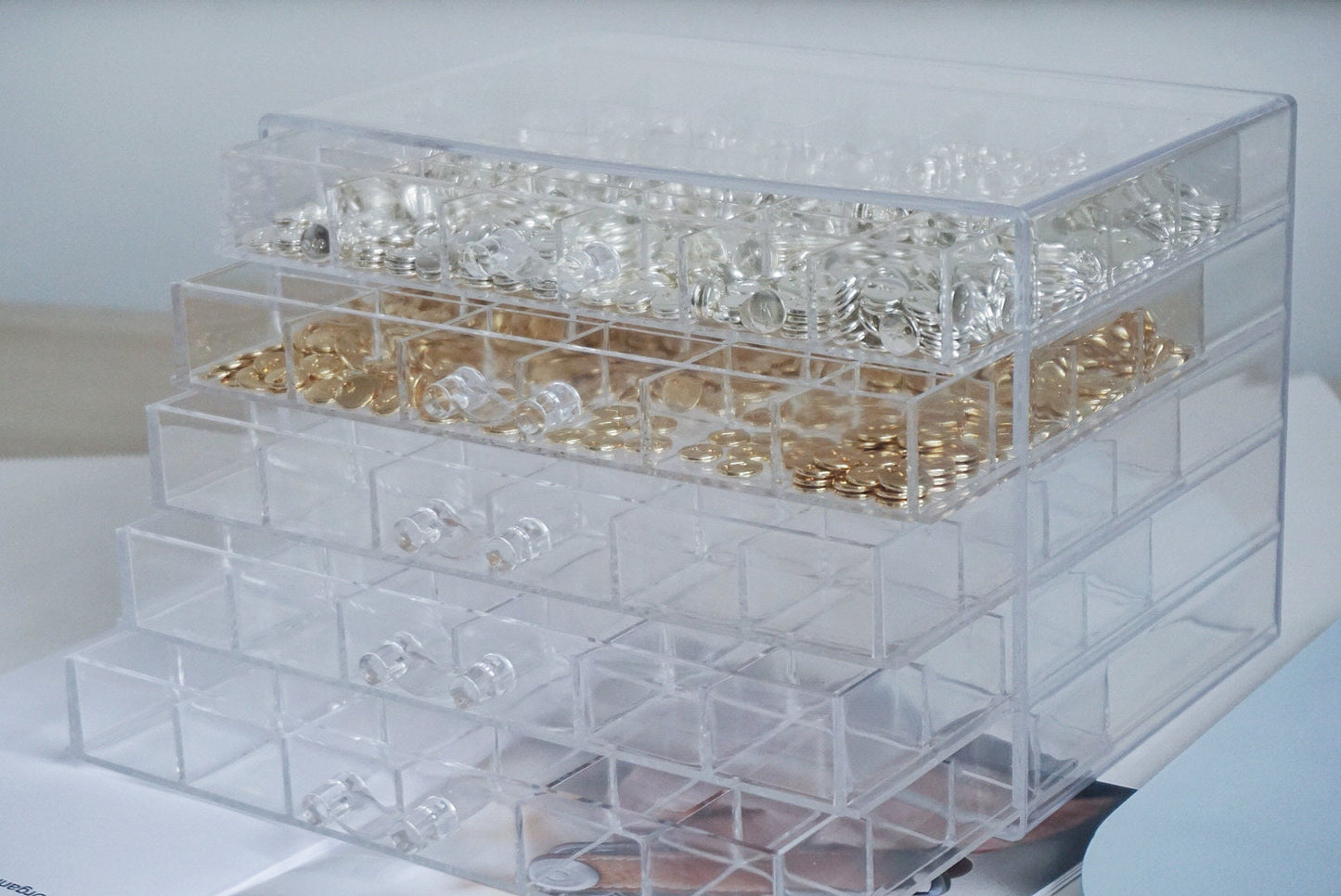 5 Layers Clear Acrylic Organiser Box with 120 Sections Compartments, Five Drawers Tray, Handmade Parts Organiser, Jewellery Party StorageBox