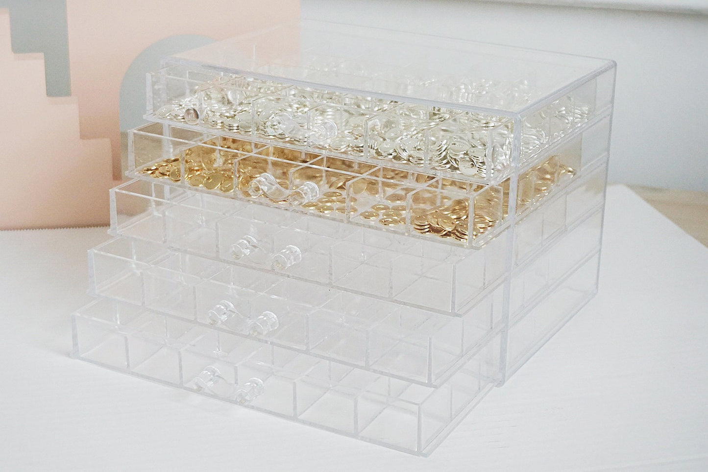 5 Layers Clear Acrylic Organiser Box with 120 Sections Compartments, Five Drawers Tray, Handmade Parts Organiser, Jewellery Party StorageBox